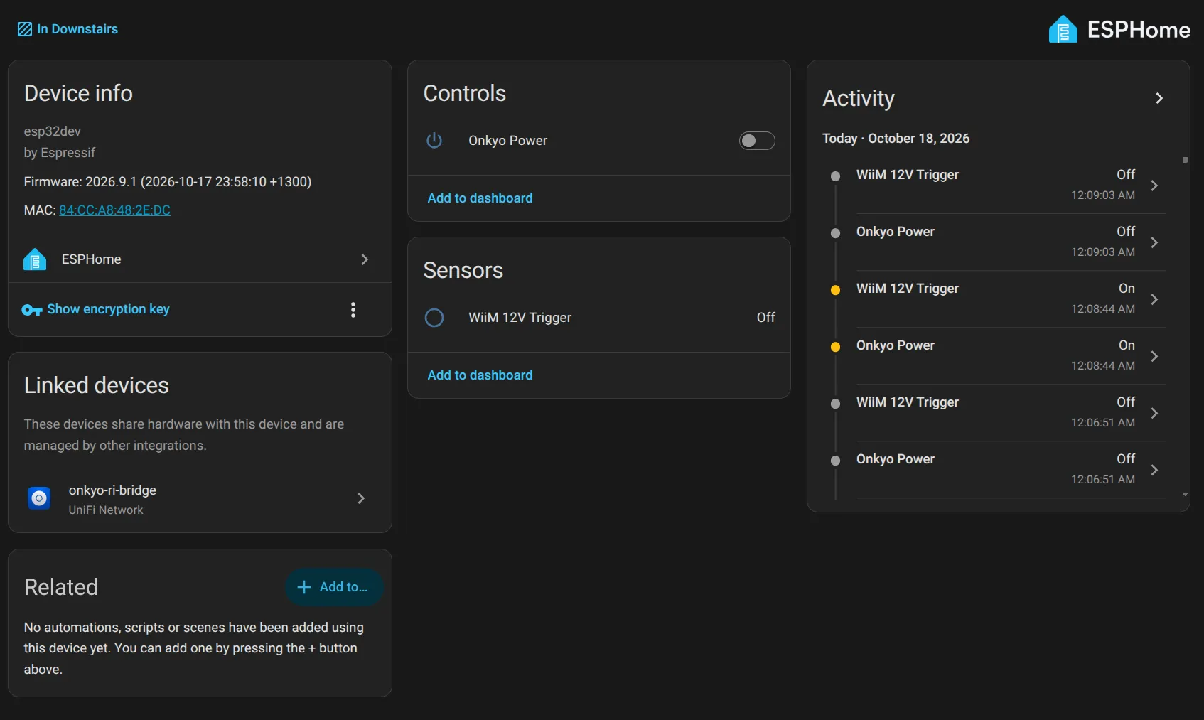 A screenshot of Home Assistant showing the device page for a new Onkyo RI Bridge ESPHome component, built with the YAML above.