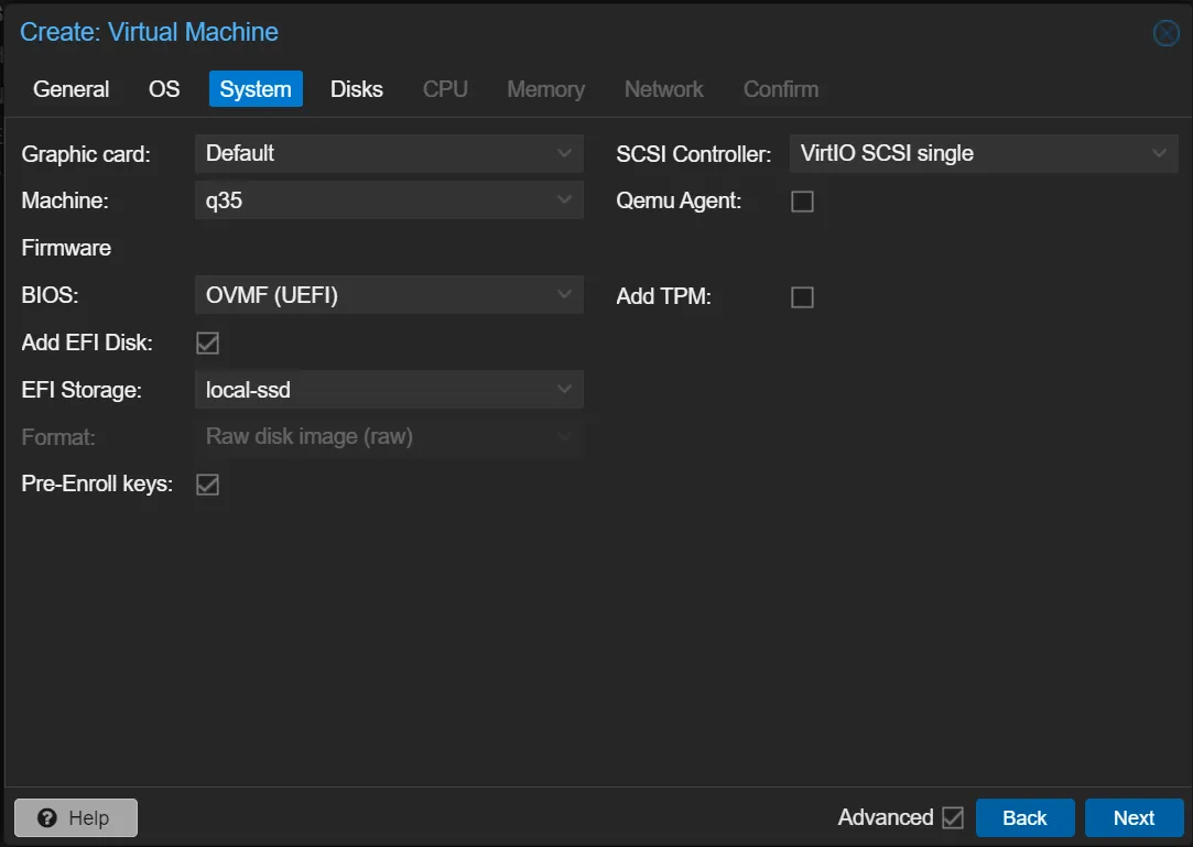 Proxmox Create Virtual Machine dialog showing the System tab selected. The Advanced checkbox is selected. Changes made to the options are setting Machine to "q35", BIOS to "OVMF (UEFI)" and setting EFI Storage to "local-ssd"